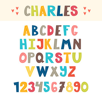 Funny colorful hand drawn English alphabet. Cute letters and numbers. Font