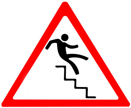 risk of falling warning.Red triangular warning symbol sign on white background.