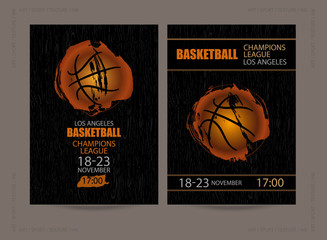 Design for basketball on a wooden black background. Set posters for the tournament. Streetball. Hand drawing. Style grunge, brush, dirty abstract ball . EPS file is layered.