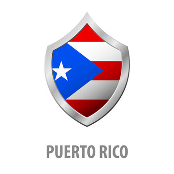 Puerto Rico flag on metal shiny shield vector illustration.