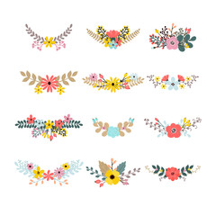 Obraz premium Set of floral bouquets for decoration. Floral design elements. Elegant bouquets for greeting card, wedding, invitation, anniversary. Collection with leaves and flowers