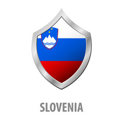 Slovenia flag on metal shiny shield vector illustration.