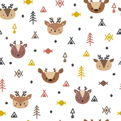 Behang Tribal naadloze patroon met cartoon herten. Abstracte geometrische kunstdruk. Handgetekende etnische achtergrond met schattige dieren © Helen Sko