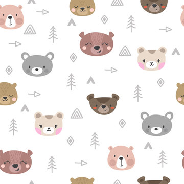 Tribal seamless pattern with cartoon bears. Abstract geometric art print. Hand drawn ethnic background with cute animals