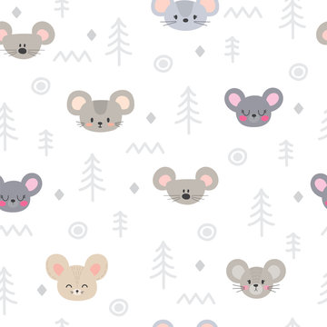 Tribal seamless pattern with cartoon mouses. Abstract geometric art print. Hand drawn ethnic background with cute animals