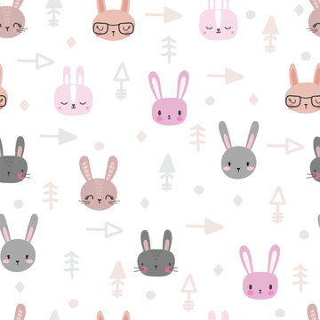 Tribal seamless pattern with cartoon rabbits. Abstract geometric art print. Hand drawn ethnic background with cute animals