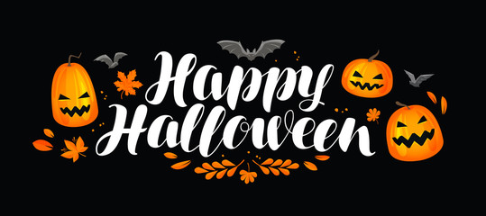 Halloween banner, greeting card. Pumpkin, holiday symbol. Lettering vector illustration