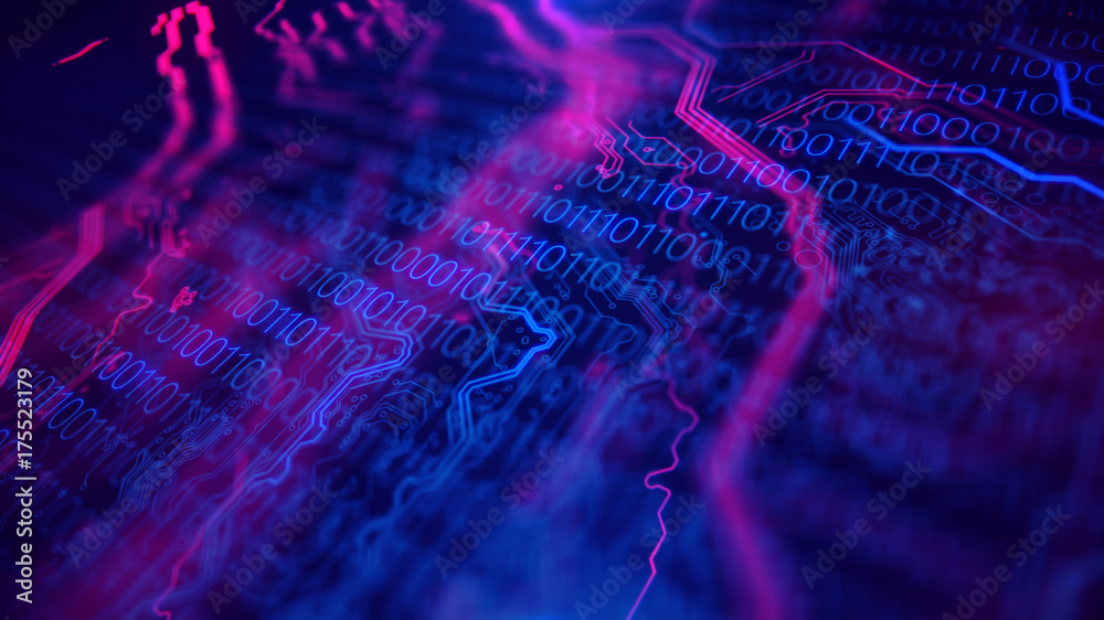 Poster technology background. circuit board futuristic server code processing. pcb, code, html. blue, purpl