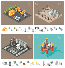 Isometric High Quality City Element on Brown Background . Isolated Petrol Station, Oil Rig Industry, Oil Refinery and Oil Platform