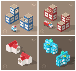 Isometric High Quality City Element on Brown Background . Isolated Police Station, Fire Department, School and Hospital