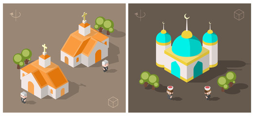 Isometric High Quality City Element on Brown Background . Church and Mosque