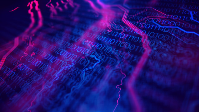Technology background. Circuit board futuristic server code processing. PCB, Code, HTML. Blue, purple, violet background with digital integrated network technology. Printed circuit board.