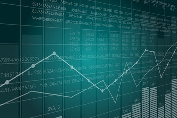 Vector business theme illustration. Background with graphs and figures. A digital panel with a distorted perspective.