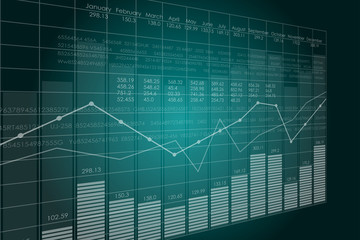 Vector business theme illustration. Background with graphs and figures. A digital panel with a distorted perspective.