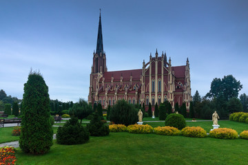 Panoramic view of Holy Trinity catholic church. Gervyaty. Grodno region. Belarus. 
