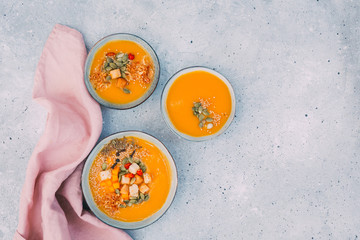 Fototapeta na wymiar Creamy autumn pumpkin soup