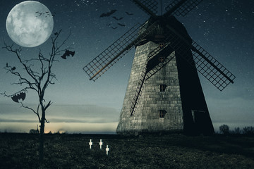 Halloween mill with Moon and bats