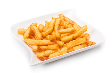 Potato fries with ketchup on white background