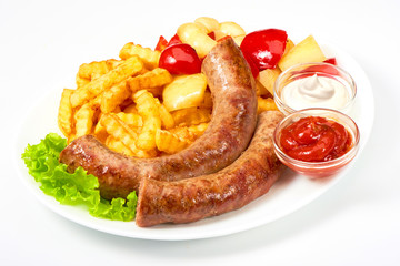 grilled sausages with potatoes fries solated on white background