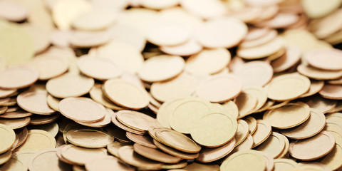 Infinite golden coins horizontal background, realistic texture, original 3d rendering background