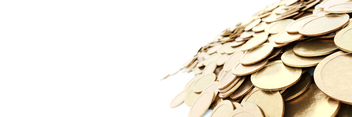 Infinite golden coins horizontal background, realistic texture, original 3d rendering background