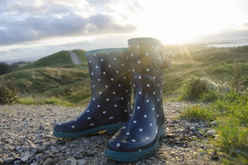 Childrens rubber boots left behind in the Nordic nature