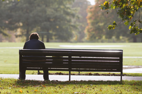 Lonely Man In Autumn Park On The Bench - Rear View