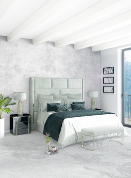 Loft bedroom in modern style interior design with eclectic wall and stylish sofa. 3D Rendering.