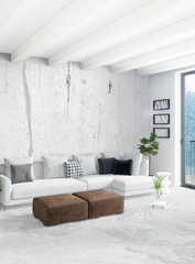 Fototapeta na wymiar Loft bedroom in modern style interior design with eclectic wall and stylish sofa. 3D Rendering.