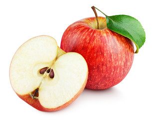 Ripe red apple fruit with apple half and green leaf isolated on white background with clipping path