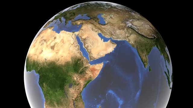 The camera pushes and moves away from Syria, a small rotation of the earth globe on a black background, 3d render, the elements of this image are furnished by NASA