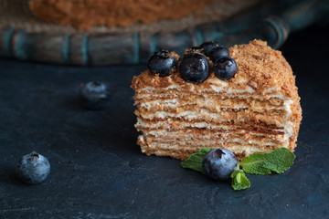 A piece of Homemade honey cake on a dark background