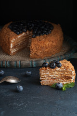 A piece of Homemade honey cake on a dark background