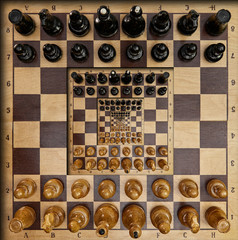 Abstract wooden chess board desk white black figures square surreal effect. Pattern effect Surreal chess board desk fractal background Surreal pattern background Wooden chess game. Fractal inside out