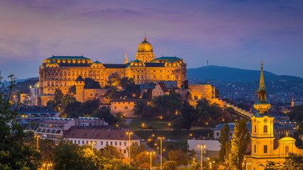 Fototapeta na wymiar Budapest, Hungary - The beautiful Buda Castle Royal Palace at magic hour with colorful sky