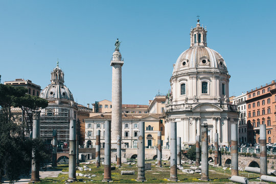The old church and ancient Trajan's Column in Rome