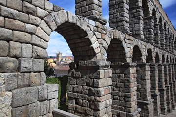 Segovia, Spain. View at Plaza del Azoguejo and the ancient Roman aqueduct