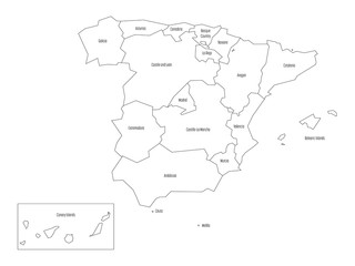 Map of Spain devided to 17 administrative autonomous communities. Simple thin black outline on white background.