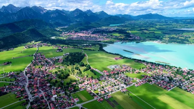 Panorama from the air Forggensee and Schwangau, Germany, Bavaria