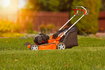 Lawn mower in the evening sun shines