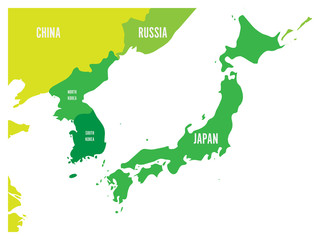 Political map of Korean and Japanese region, South Korea, North Korea and Japan. Green map with white labeling on white background. Vector illustration.