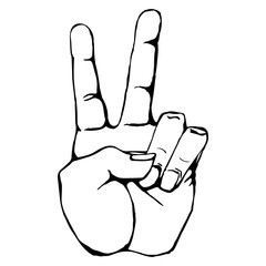 Black outline realistic victory or peace hand gesture icon graphic