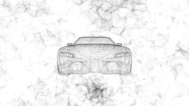 The conceptual sports car in the form of translucent hologram rotating in space with flying around polygons.