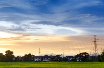 Obraz premium City landscape view sunset over rice field plantation farming with house and telecom,communication antennas in countryside Thailand