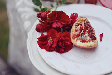 autumnal floristic decor on the street wedding table setting