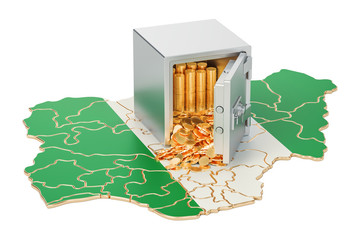 Safe box with golden coins on the map of Nigeria, 3D rendering