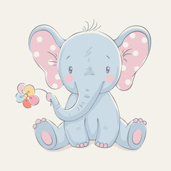 Fototapeta Cute elephant with a flower cartoon hand drawn vector illustration. Can be used for baby t-shirt print, fashion print design, kids wear, baby shower celebration greeting and invitation card. obraz