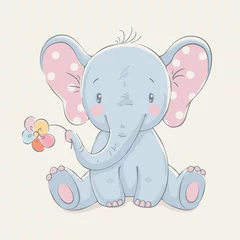 Foto op Plexiglas Schattige dieren Schattige olifant met een bloem cartoon hand getekende vectorillustratie. Kan worden gebruikt voor baby t-shirt print, fashion print design, kinderkleding, baby shower viering groet en uitnodigingskaart.
