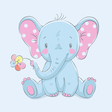 Cute elephant with a flower cartoon hand drawn vector illustration. Can be used for baby t-shirt print, fashion print design, kids wear, baby shower celebration greeting and invitation card.