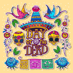 Dia de los Muertos or Day of the Dead design template. Hand sketched elements.